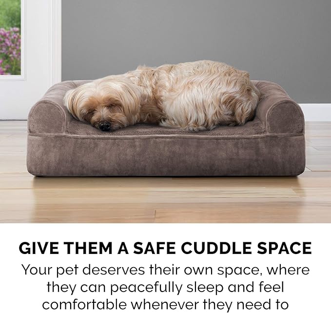 Furhaven Orthopedic Dog Bed for Medium/Small Dogs w/ Removable Bolsters & Washable Cover, For Dogs Up to 35 lbs - Faux Fur & Velvet Sofa - Driftwood Brown, Medium