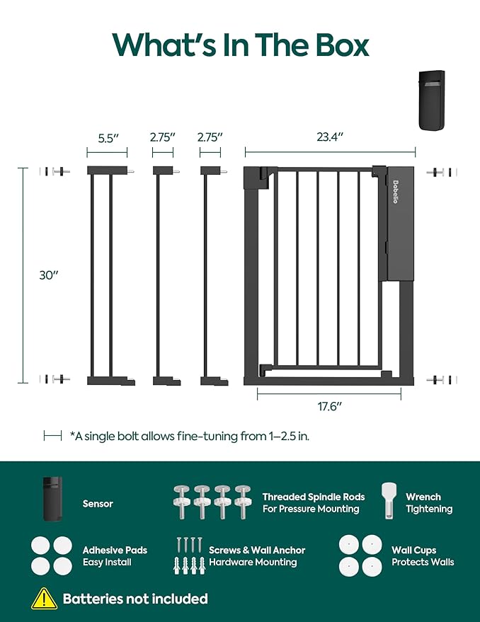 Babelio Smart Baby Gate with Auto-Unlock/Close, Pressure Mounted No Drill for Doorways/Top of Stairs. Pet/Dog Door Wide Walk Thru w/Infrared Sensor & Instant Safety Alert (Black, 26.3-37.8" W, 30" H)