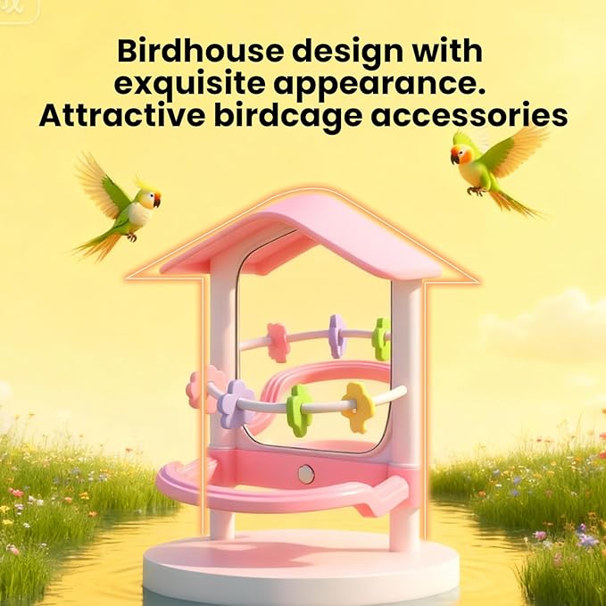 8.1 Inch Pet Bird Mirror with Perch Stand and Parakeet Chew Toys,Parrot Toys Bird Cage Decorative Accessory, Helps Birds Release Stress for Canaries Budgies Lovebirds Conures Cockatiels (Yellow)