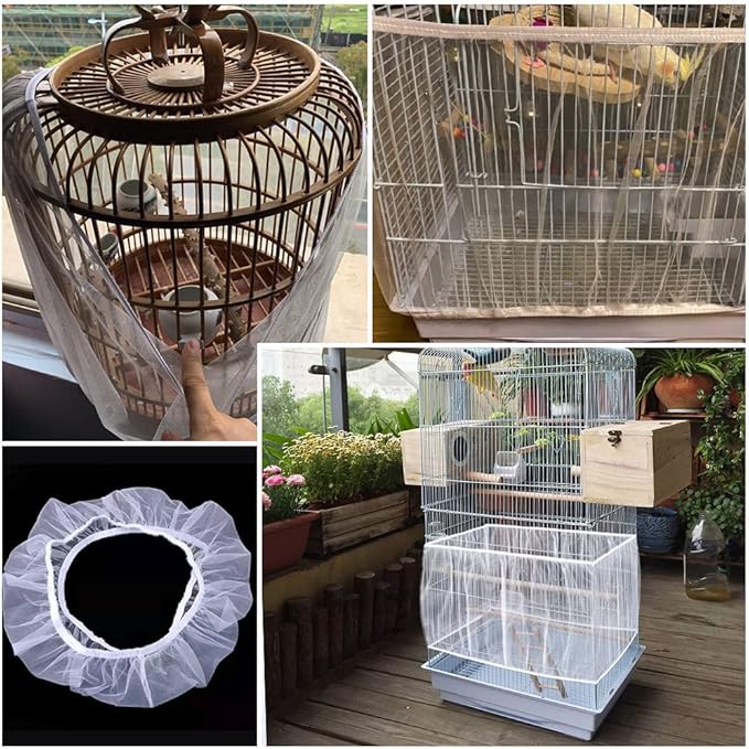 Bird Cage Seed Catcher Skirt, Bird Cage Mesh Net Cover, Parakeet Cage Skirt, Birdcage Cover Seed Catcher for Round Square Cages (White, XL)