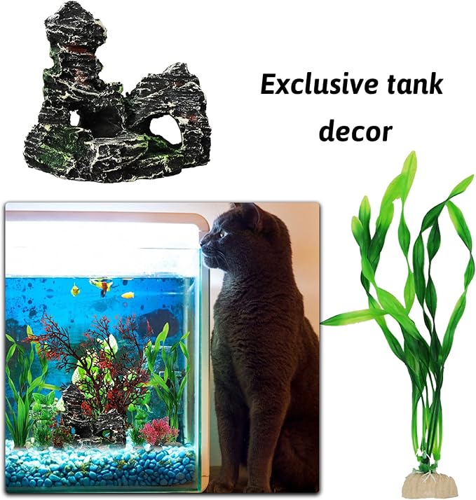 Fish Tank Decorations Plants with Resin Cave Rock View, 9pcs Aquarium Decorations Plants Plastic,Fish Tank Accessories, Fish Cave and Hideout Ornaments, Aquarium Decor