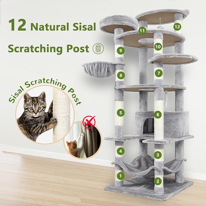 78.8" Large Cat Tree Tower for Indoor Kitties, Multi-Level Furniture Activity Center for Tall Cat Condo with Cozy Perches,Sisal Scratching Posts,Hammock and Basket (78.8 inch Light Gray)