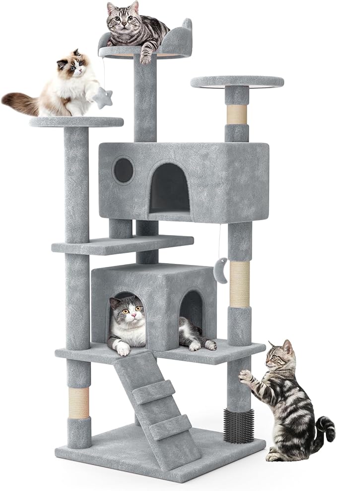 MoNiBloom 54 Inch Cat Tree Tower for Indoor Cats Large Adults, Cat Tower with Scratching Post, Multi-Level Furniture Activity Center with Cat Condo Pet Play House, Light Grey