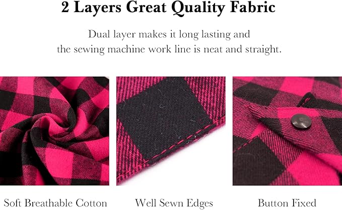 Plaid Dog Bandana with Button, Dual Layer Soft Cotton Triangle Dog Scarf Kerchief, Washable Girl Boy Bandanas Adjustable Accessories for Small Medium Large Extra Large Puppy Pet