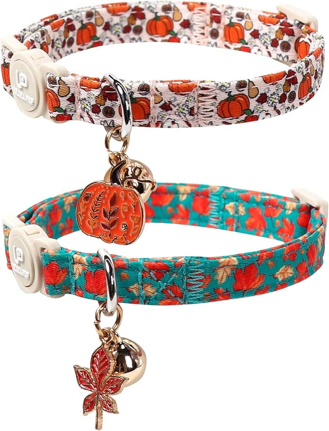 Fall Cat Collar-2Pack Autumn Kitten Collars-Halloween Breakaway Pumpkin Kitty Collars-Cute Pumpkin and Maple Leaf Pendants,Maple Leaf Cat Collar with Bell, for Girl & Boy Cats