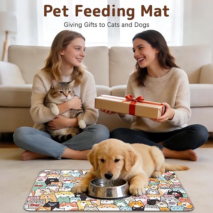 Dog Food Mat for Bowls, Absorbent Quick Dry Dog Cat Mats for Food and Water, Non-Slip Backing Pet Mat Pet Supplies - Cat Pattern
