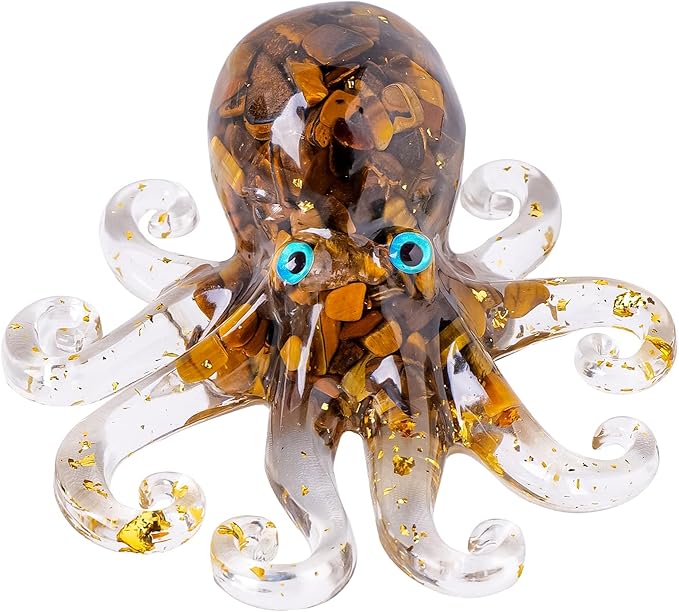 Natural Crystal Tiger's Eye Gravel Octopus Resin Marine Animals Fish Tank Decorative Ornaments Statue Healing Crystal Home Decor Ladies Gift 3.93"
