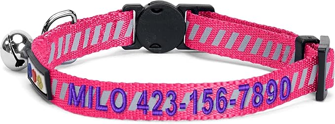 Pawtitas Personalized Pink Reflective Cat Collar – Adjustable Custom Collar with Safety Buckle, Removable Bell, and Engraved Name & Phone Number for Kittens and Adult Cats