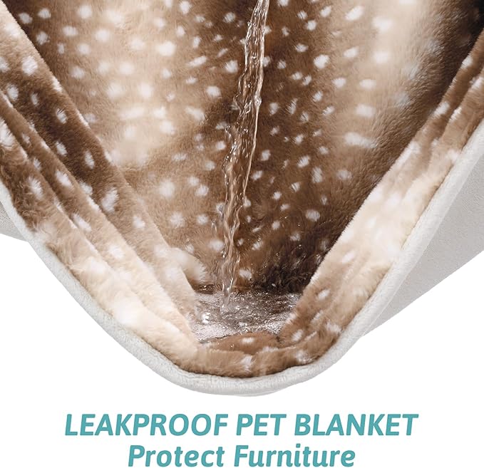 Luxury Faux Fur Blanket Deer Print, Waterproof Pet Blanket Washable, Woman Sofa Bed Couch Throw, Liquid Pee Proof for Large Dog or Cat, Reversible, Super Soft, 60x80 inch, Brown