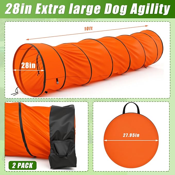 28 in 10 Foot Orange Extra Large Dog Agility Tunnel with Sandbags Dogs Agility Training Equipment Tunnel with 3 Pack Sandbags Carry Bag and 4 Ground Spikes for All Medium and Large Dogs