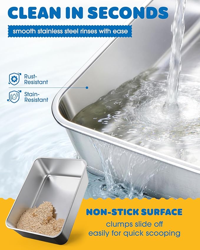 Stainless Steel Cat Litter Box, Metal Litter Box with Scoop, High- Sided, Anti-Leakage Top Entry, Non-Sticky, Easy to Clean, Grey, XL (1 Pack)
