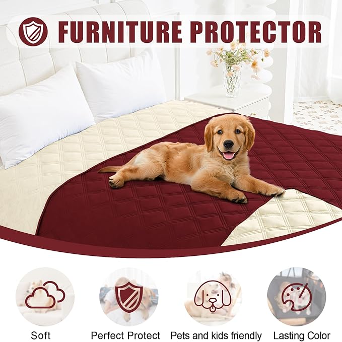 Smiry Waterproof Dog Bed Cover Blanket 52x82, Soft Reversible Pet Blanket, Washable Leakproof Cats Dogs Couch Cover for Sofa, Couch, Furniture, Wine Red/Beige