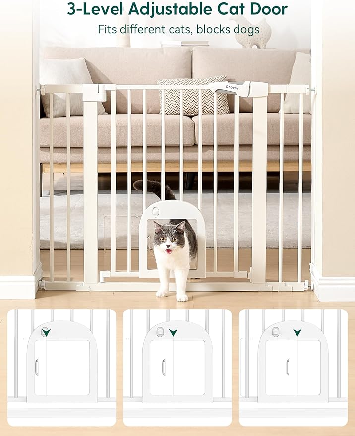 Babelio 29-48" Extra Wide Baby Gate with Adjustable Cat Door,Easy Install Pressure/Hardware Mounted,Auto Close Pet door for Stairs,House,Doorways,Effortless Walk Thru,White