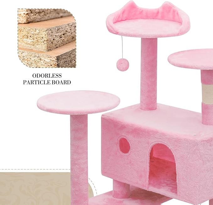 Athena Collection 70 Inch Cat Tree for Indoor Cats, Multi-Level Activity Center with 2 Condos, Scratching Post & Dangling Ball, Tall Climbing Tower, Pink