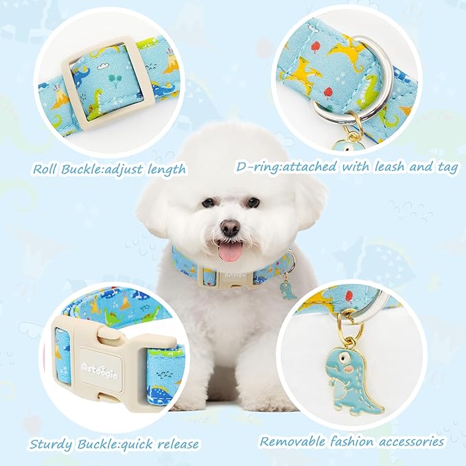 Dinosaur Dog Collar for Medium Dogs, Cute Puppy Collars with Quick Release Buckle, Cotton Dog Collars for Small Medium Large Dogs, Fashion Pet Collar for Girl Boy Dog-M