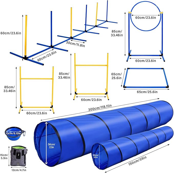 Dog Agility Training Equipment, Dog Agility Course Backyard Set with 2 Adjustable High Hurdle, 2 Tunnels, 6 Weave Poles, Pause Box, Jump Ring, Snack Bag, Folding Bowl, Balls, Whistle, Carry Bag