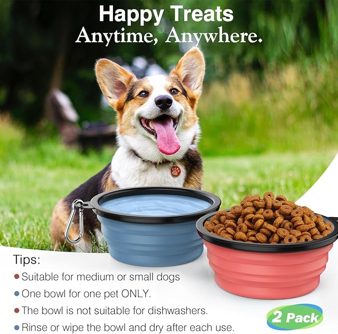 Pawaboo Collapsible Dog Bowls 2 Pack, Silicone Feeding Watering Bowls with Lids & Carabiners for Dogs Cats, Portable Water Feeder Food Bowl for Walking Traveling Home Use, 1000ml, Light Pink + Blue