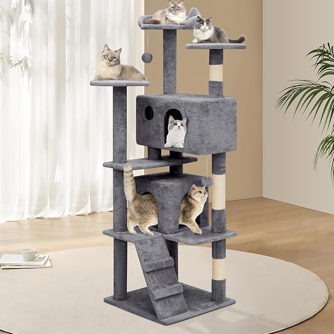 Athena Collection Cat Tree, 62 Inch Cat Tree Tower for Indoor Cats, Multi-Level Cat Tower House Activity Center with 2 Cat Condo & Scratching Post & Dangling Ball, Tall Cat Climbing Tower, Darkgray