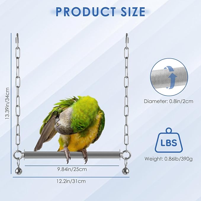 Stainless Steel Large Bird Swing, Hanging Heavy Duty Parrot Swings Perches Stand Toys with Bell, Claw Grinding Birdcage Accessories for Macaw Afican Grey Amazon Cockatoo