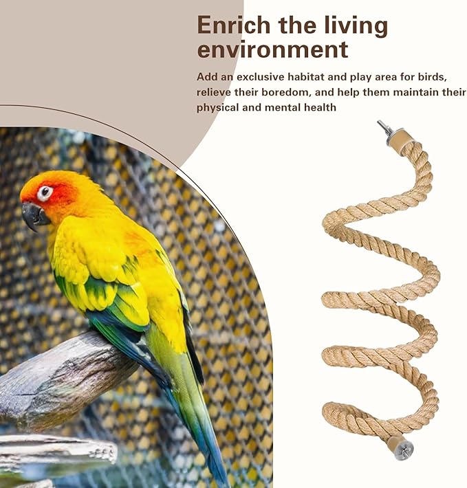 Bird Rope Perch for Parrots,Bird Cage Climbing Rope Toys Accessories,Bendable Climbing,Bendable Natural Jute Boing with Pine Wood and Stainless Steel Mount,Parakeet Lovebirds(4.9 feet Jute)