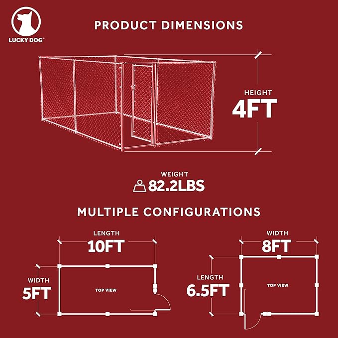 Lucky Dog Heavy Duty Outdoor Galvanized Chain Link Dog Kennel Enclosure with Latching Door, 1.5 Inch Raised Legs, and Adjustable Configuration, Silver