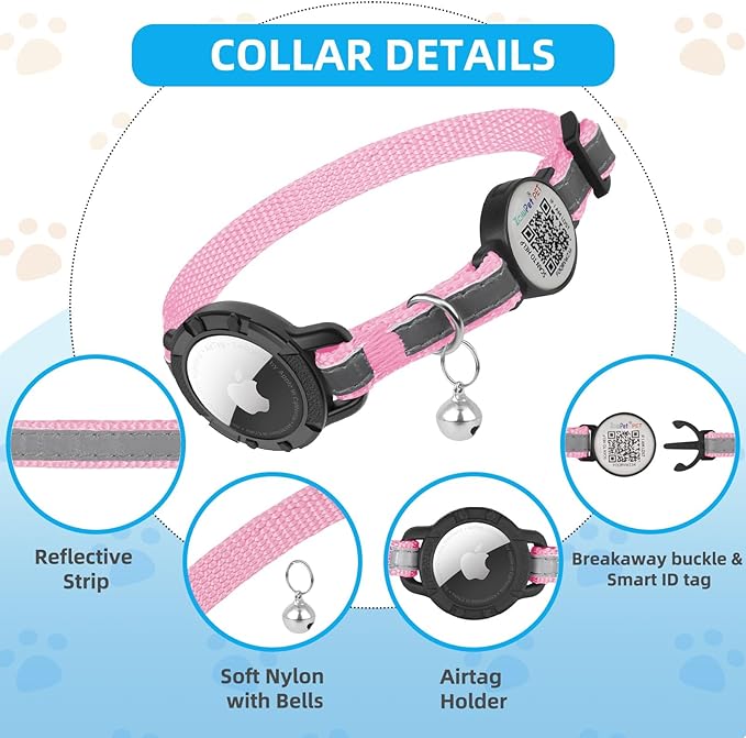 Airtag Cat Collar Breakaway with QR Code Name Tag, Reflective cat Collar airtag Holder with Bell, Cat ID Tag Personalized, Ultra-Durable, Adjustable, Quick Release, Fits Small Large Cats, Pink
