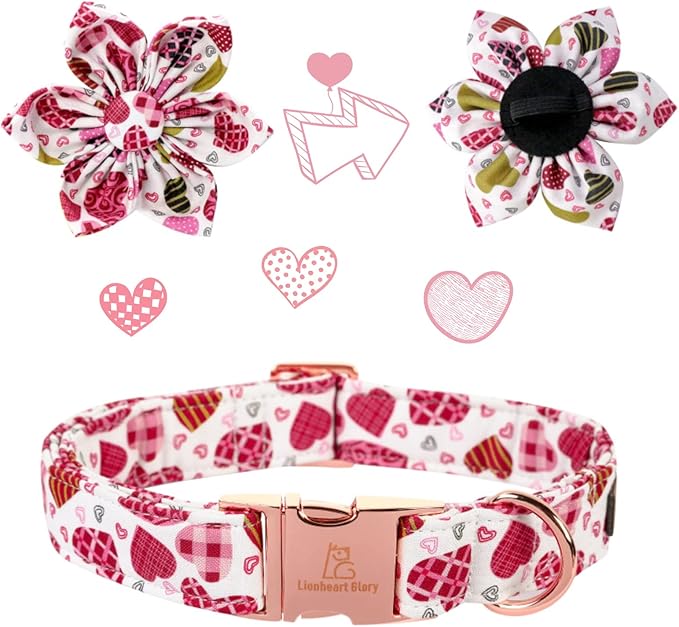 Lionheart Glory Heart Dog Collar, Valentine's Day Dog Collars with Flower, Cute Floral Pattern Pet Collars Adjustable Collar for X-Small Dogs