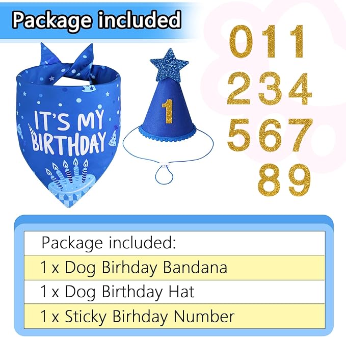 Dog Birthday Party Supplies, Blue Dog Birthday Set with Hat Bandana Numbers for Small Boy Pets Puppy