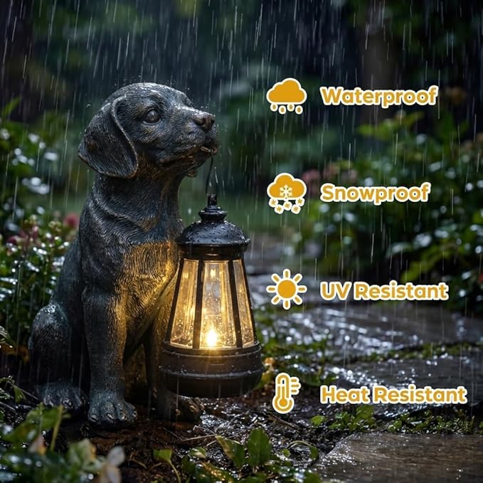 Lyeasw Solar Dog Statues with Lantern – Waterproof Outdoor Dog Figurines for Garden, Yard & Porch, Auto On/Off Solar Light, Birthday for Mom & Dog Lovers