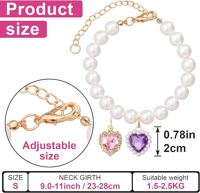 2pcs Cat Pearl Collar with Heart Pendant, Cute Pearl Pet Necklace in Small, Adjustable Wedding Party Small Dog Jewelry Accessories for Puppy Kitten- Pink & Purple