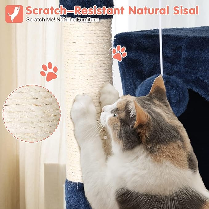 54in Cat Tree Cat Climbing Tower with Scratching Post, Cats House Perch Kitten Tree Condo Wood Playhouse, Pet Trees Tower for Indoor Cats, Navy Blue
