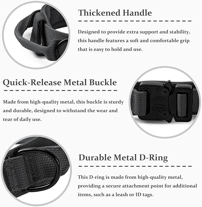 Tactical Dog Collar, Adjustable Military Training Nylon Dog Collar with Control Handle and Heavy Quick-Release Metal Buckle for Small Medium Large Dogs, Grey L