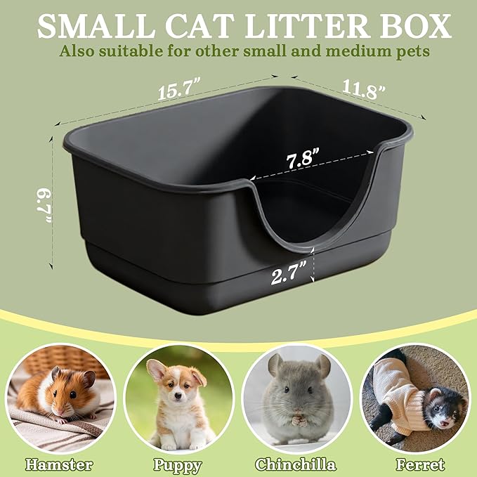 2 Pack Low Entry Small Litter Box for Kittens, Kitty Plastic Litter Boxes, Open Top, Anti-Splash High Sided Litter Tray Pan for Medium Pets, Puppy, Easy to Clean, 15.7"L*11.8"W*6.7"H (Black)