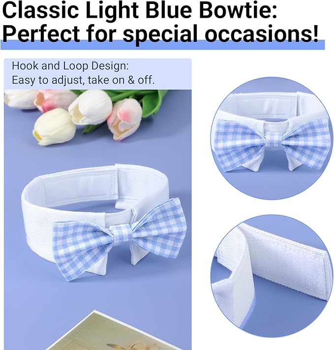 Segarty Dog Bow Tie for Neck Girth 10.2-12.6in, Adjustable Light Blue Plaid Bowtie Collar, Medium Pet Necktie Tuxedo Comfortable Cotton Boy Pets Grooming Accessories for Wedding Holiday Birthday Party