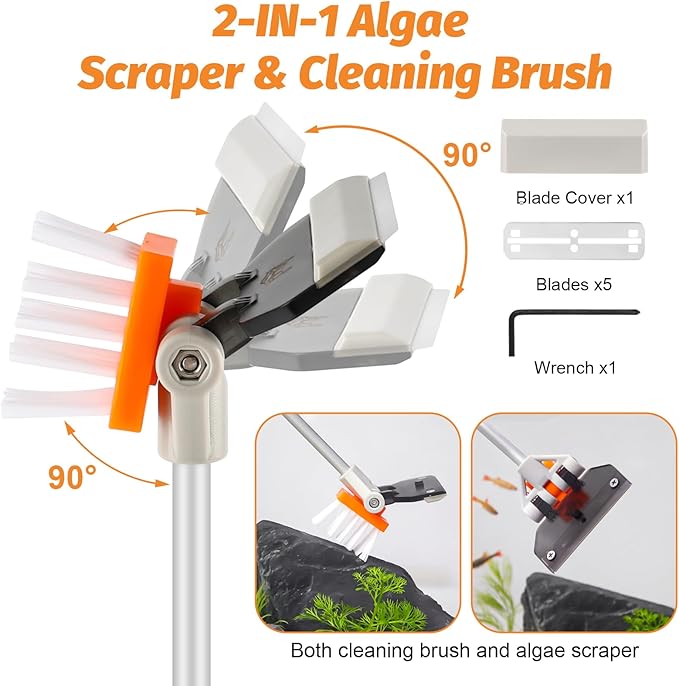 AQQA Aquarium Siphon Vacuum Cleaner Kit with 3 Replaceable Heads, Extra 2-in-1 Algae Scraper Cleaning Brush, Manually Siphon Ball Water Changer, Extendable Length to 38.2In for Fish Tank Cleaning (M)