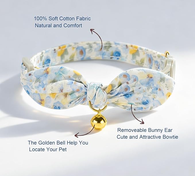 Bunny Ear Bowtie Cat Collar with Bell 2 Pack Cotton Breakaway Kitten Collars with Removeable Bow Stylish Cat Collars(Floral Blue)