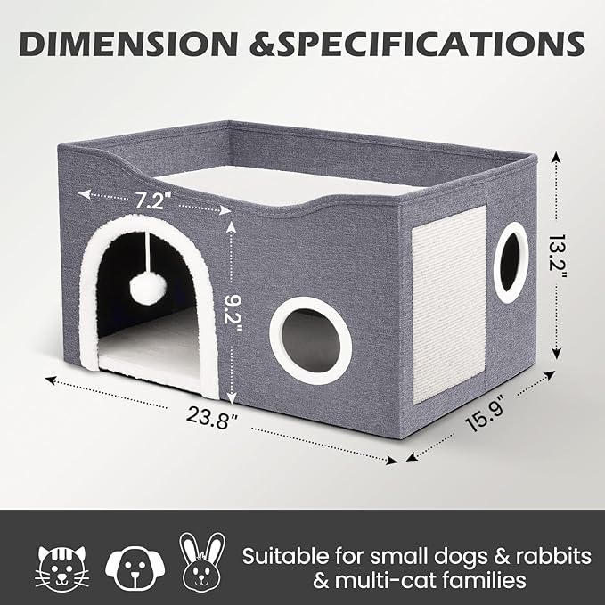 Heeyoo Cat House for Indoor Cats - Large Cat Bed Cave with Fluffy Ball and Scratch Pad, Foldable Cats Houses & Condos, Cat Hideaway, Covered Kitty Bed for Multi Small Large Kitty, 23.8x15.9x13.2 Inch