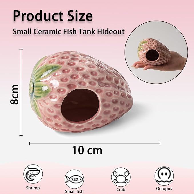 Aquarium Decor Cave Betta Fish Aquarium Accessories Ornaments Hiding Cave Strawberry House Hideout for Shrimp Cichlid Hermit Crab, Octopus Hiding Breeding for Tank (Pink)