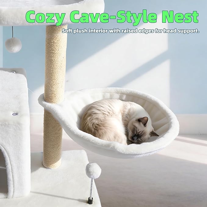Cat Tree with Cat Condo and Hammock, Cat Tree with Scratching Posts and Scratching Pads, Cat Tower for Indoor Cats, Activity Centre Climbing Tree with Playful Toy Balls, Beige