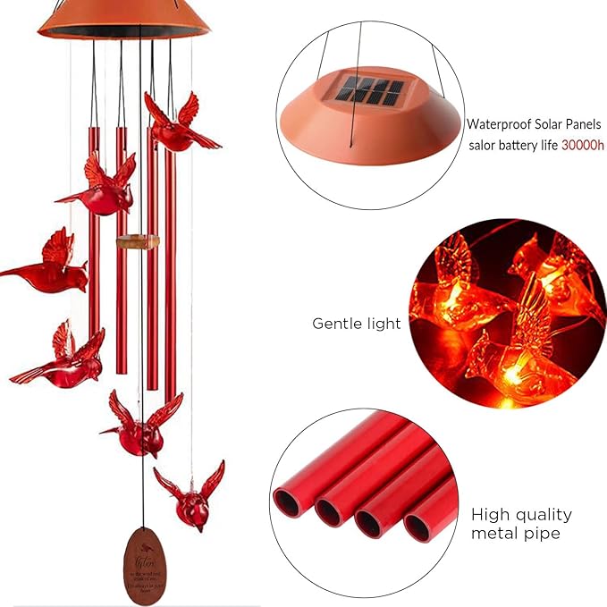 Solar Cardinal Wind Chimes Outdoor Solar Lights Cardinal Red Bird Windchimes Waterproof Hanging Decorations for Garden Patio,Gifts for Women Birthday Thanksgiving Party