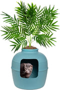 Good Pet Stuff Hidden Litter Box Planter, Decorative Cat Litter Enclosure with Carbon Filter, Artificial Plant, Easy Clean, Indoor Design, Original Round Style, Base Kit, Caribbean Blue