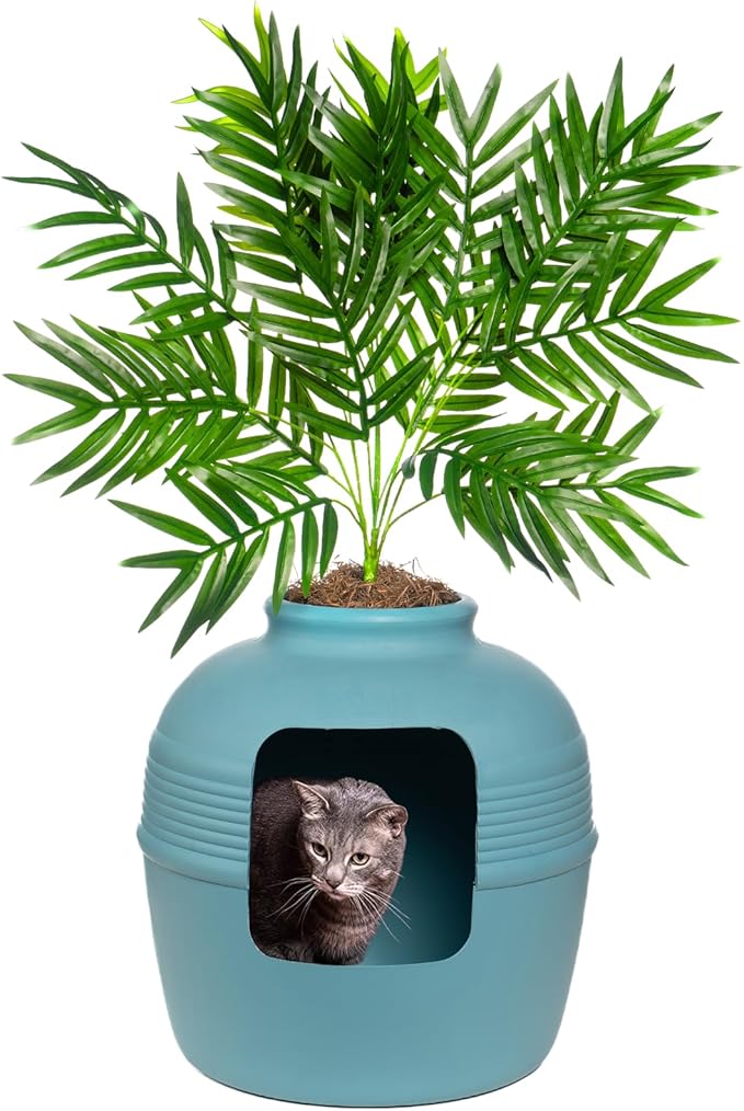Good Pet Stuff Hidden Litter Box Planter, Decorative Cat Litter Enclosure with Carbon Filter, Artificial Plant, Easy Clean, Indoor Design, Original Round Style, Base Kit, Caribbean Blue