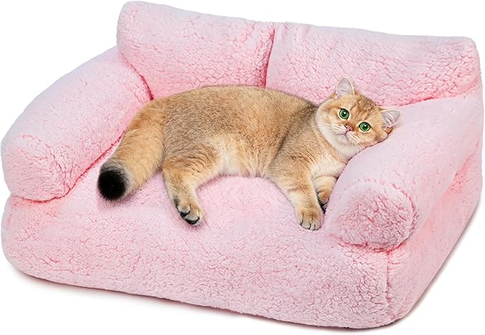 Large Cat Beds for Indoor Cats, Dog Couch Bed, Cute Cat Couch Sofas for Less 20lbs Kitten Puppy, Small Dog Sofas & Chairs with Removable Washable Cover, Soft Warm Pet Furniture, Light Pink