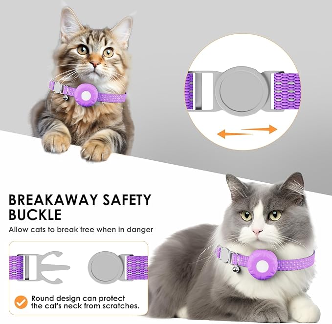 Cat Tracker, Waterproof Pet Tracker for Cats, Cat GPS Tracker Collar with Safety Elastic Buckle, Works with Any Collar, GPS Tracker Compatible with Apple Find My App (Only iOS), No Monthly Fee, Purple