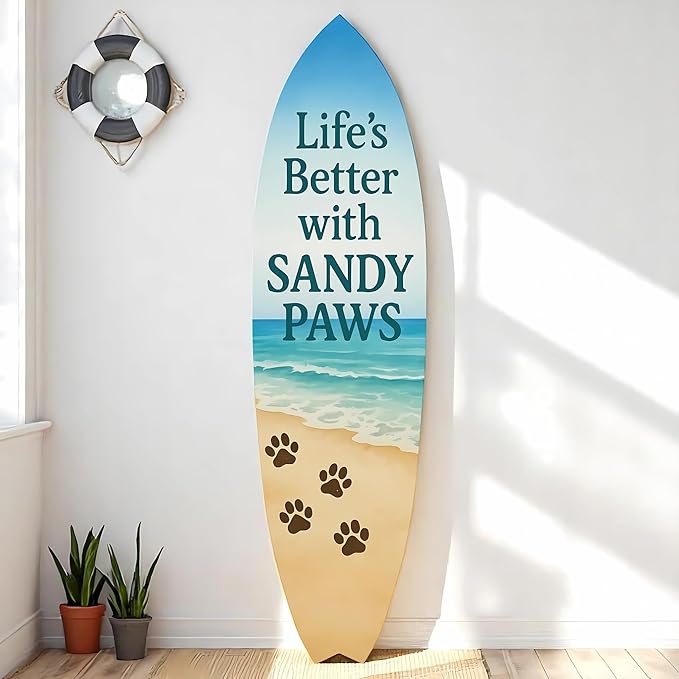 JennyGems Outdoor Decorative Surfboard Wall Art, Pet Wall Decor for Porch, Pool, Fence, PVC Beach House Decoration, Life's Better Sandy Paws, 4 foot