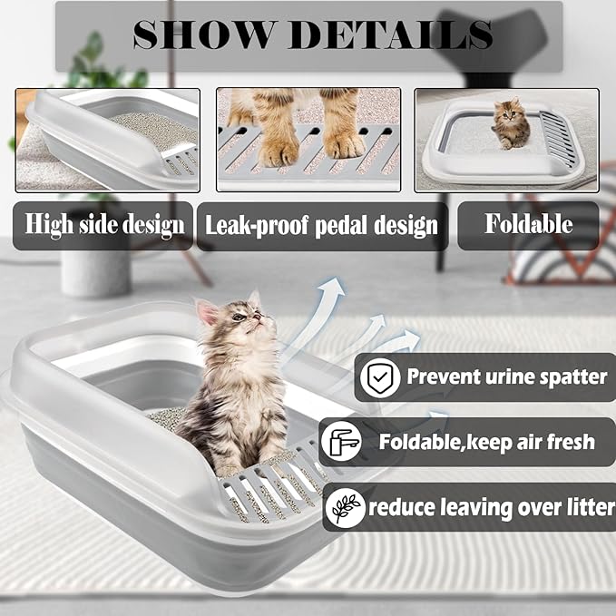 kathson Collapsible Litter Box for Kittens,Low Entry Senior Cat Litter Box Semi-Enclosed Kitten Potty Toilet with Leak-Proof Pedal Foldable Kitty Litter Pan for Small Cats (Grey)