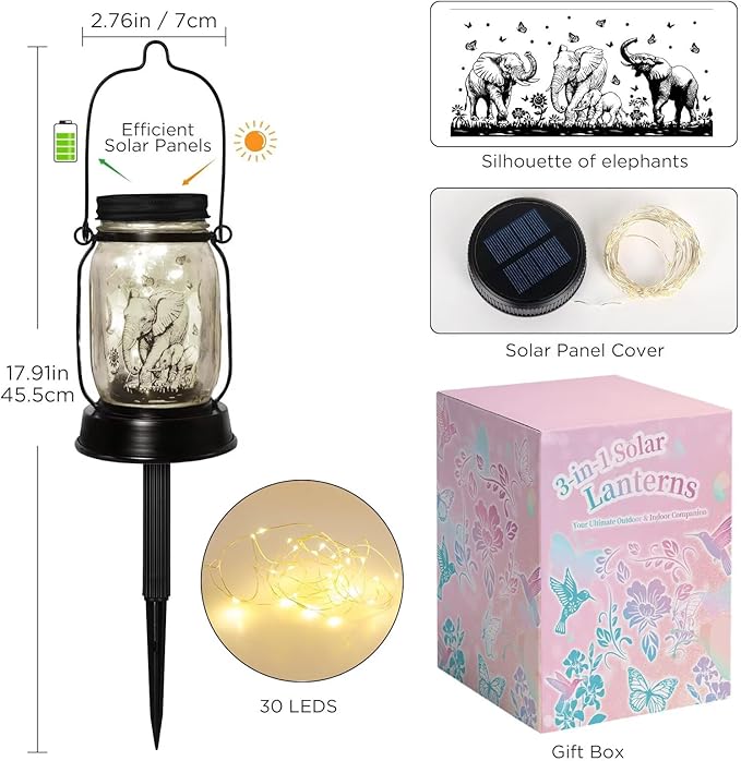 kyoryuger Elephant Gifts for Women/Men Elephant Lovers Solar Lantern Mom Birthday, Mothers Day, Solar Garden Decoration Outside for Yard, Patio,Backyard,Porch, Torches