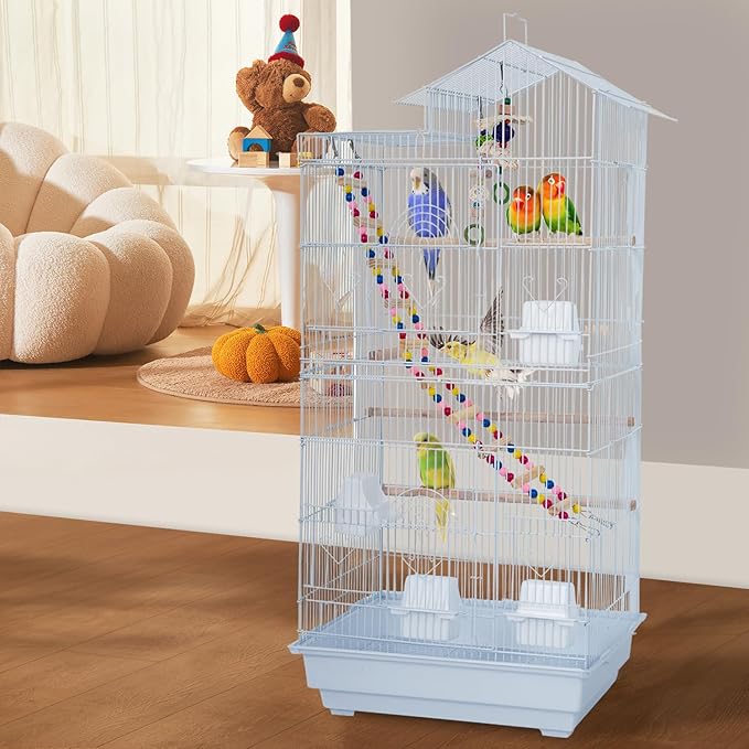 FDW 39 Inch Bird Cage Parakeet Cage with Play Top Rolling Stand & Easy Clean Pull-Out Tray Roof Top Parrot Cage for for Finches Canaries Parakeets Cockatiels & Other Small Birds, White