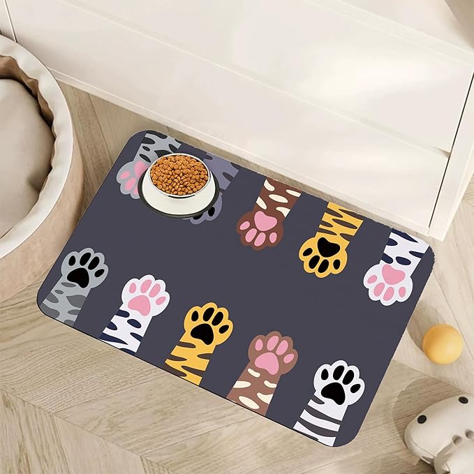 Cute Cat Paw Print Dog Food Mat for Floors,Absorbent Pet Food and Water Bowl Mats,Non-Slip Pet Feeding Mat,Pet Supplies 12" x 20"