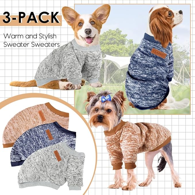 3 Pack Dog Sweaters for Small Dogs Girl Boy Winter Fleece Clothes Warm Soft Dog Sweatshirt Outfit for Dogs Cats Pet Apparel